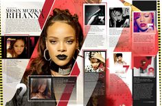 a magazine page with an image of a woman's face and various photos on it