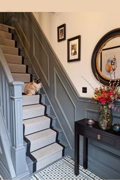 Hallways design with pattern tiles in colours of greys, blues and black accents. Hall Colours, 1930s Bedroom, Hallway Tiles, Hallway Panelling, Hall Stairs