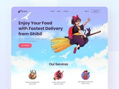 the website for food delivery is displayed on a tabletop, with an image of a witch flying through the air