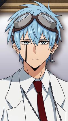 an anime character with blue hair and goggles on his head, wearing a white shirt and red tie