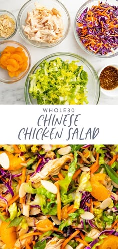 the ingredients for this chinese chicken salad are shown in separate bowls, including carrots, lettuce, and shredded cabbage