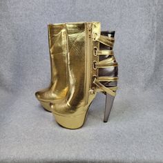 Mona Mia Amarante Gold & Pewter 2-Tone Faux Leather Upper Multiple Strap Design With Adjustable Buckles Side Zipper For Easy On & Off Smooth Lining Cushioned Foot-Bed 6" (Approx) Curved Heel 1.75" (Approx) Platforms Mia Shoes, Foot Bed, Unique Shoes, Strap Design, Heeled Ankle Boots, Boot Sandals, Heel Shoes, Fashion Sewing, On Off