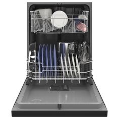 an open dishwasher with dishes in it