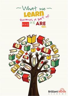 a tree with books flying from it and the words, what we learn to read