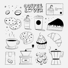 black and white drawing of coffee related items including cakes, donuts, cupcakes