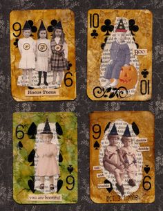 four playing cards with pictures of children dressed up as witches and ghostes on them