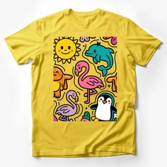 Cute Animal Cartoon T-Shirt, Colorful Flamingo, Dolphin, Penguin Kids Tee Male T-Shirt Custom graphic T-Shirt.Customize your color Cartoon T Shirts, Kid Tees, Male T Shirt, Cartoon Animals, Dolphins, Penguins, Flamingo, Custom Shirts, Cute Animals