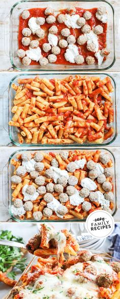 three glass casserole dishes filled with different types of pasta and meatballs in them