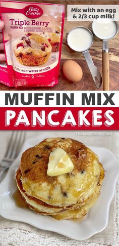 the recipe for muffin mix pancakes is shown in front of an image with ingredients