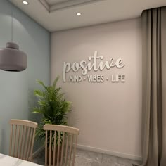 there is a sign that says positive mind vibes life on the wall next to two chairs