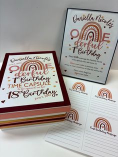 a birthday card and box for someone's rainbow themed birthday party with the message written on it