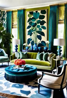 a living room filled with furniture and green curtains