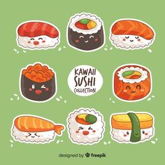 cute sushi stickers with different faces and expressions on green background, cartoon style