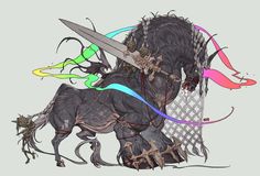 an artistic drawing of a horse with multiple colored ribbons around it's neck and head