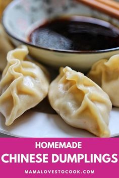 homemade chinese dumplings on a plate with chopsticks and sauce in the bowl