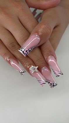 Zebra French Tip Nails Y2k, Pink N Black Acrylic Nails, Colored French Tip Acrylics, 2000s Nail Trends, Y2k Almond Nails Designs, Zebra And Pink Nails, Pink And White Cheetah Nails, Y2k Nails Cheetah, Cheetah Print Nails With Rhinestones