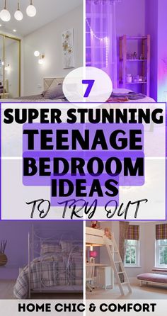 purple bedroom decor with text overlay that reads, 7 super stunning teenage bedroom ideas to try out