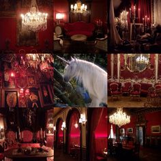 a collage of photos with an unicorn and chandelier in the middle, red room