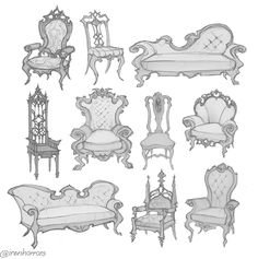 sketches of antique furniture and chairs