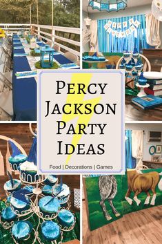 a collage of pictures with the words percy jackson party ideas and food decorations