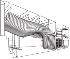 an architectural drawing of the interior of a building with stairs and railings on each side