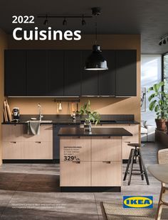 a kitchen with black counter tops and wooden cabinets in the center is an advertisement for ikea