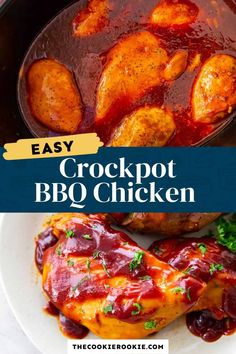 easy crockpot bbq chicken recipe in a skillet with text overlay