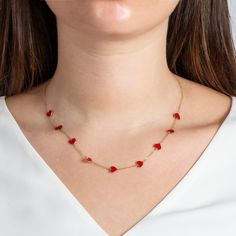 A chic way to add a pop of red and "heart" to your neck stack. Nine red enamel hearts with gold chain in between makes it a perfect necklace for layering or to wear on it's own. It's also great for gifting!  red enamel; 16-18 inches  Exact dimensions are unknown. Please reach out in the seller Q&A for any questions on measurements. Red Heart Necklace With Delicate Chain, Dainty Red 14k Gold Necklace, Red 14k Gold Necklace For Valentine's Day, Red Heart Pendant Necklace In 14k Gold, Red 14k Gold Heart Pendant Necklace, Red Heart-shaped Chain Necklace, Red Tarnish-resistant Gold-plated Necklace, Valentine's Day Gold Enamel Heart Necklace, Red Enamel Heart Pendant Necklace