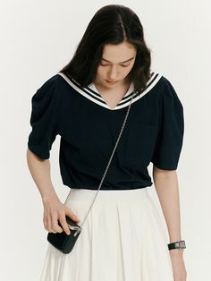 Sailor Collar Pocket Top - Navy Sailor Top, Women Drawing, Korean Fashion Dress, Sailor Collar, Top Outfit, W Concept, Pocket Top, Crop Blouse, Casual Style Outfits