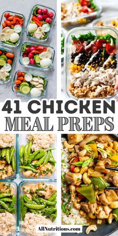 chicken meal preps in plastic containers with text overlay that reads 4 chicken meal preps