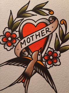 a heart with an arrow and flowers on it, next to a ribbon that says mother