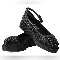 Hey There Stud. Be Cute Yet Dangerous In These Ballet Creepers. Features A Sleek Pointed-Shaped Toe On A Vegan Friendly Upper. Sits On Top Of A Low Sole Creeper Platform That Measures 1 ¼” At The Heel And ¾” In The Front, Ankle Strap Closure For A Secure Fit, And Removable Memory Foam Padding For Added Comfort. Brand New With Box. Black Creepers, Creeper Boots, Goth Shoes, Open Toe Boots, Slouchy Boots, Leopard Shoes, Lug Sole Boots, Point Shoes, Buckle Shoes