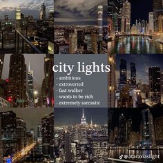 the city lights are lit up at night