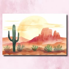 a painting of a desert with cactus trees and mountains in the background, on a pink wall