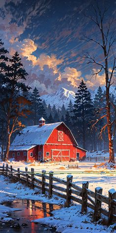 a painting of a red barn in the snow