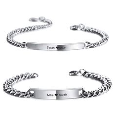 two personalized bracelets with engraving on the side and an engraved bar that says, make