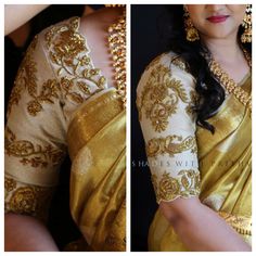 White Blouse With Gold Work, Gold Tissue Saree Blouse Designs Latest, Embroidery On Bags, Golden Blouse Design, Embroidery For Kids, White Blouse Designs, Kerala Dress, Tutorial Embroidery, Embroidery Beginner