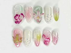 Discover the elegance of spring with our Floral Elegance Press-On Nail Set, designed for the sophisticated individual who loves to express their style through detailed and artistic nail designs. Each nail in this set is a testament to the beauty of spring, featuring hand-painted floral patterns and soft, feminine pastels that bring a touch of nature's tranquility to your fingertips. 🌸 Key Features & Highlights: Artistic Designs: Each nail showcases a unique floral pattern, carefully painted by hand to create a stunning visual effect. Vibrant Color Palette: Enjoy a range of soft pastels mixed with vibrant hues that mimic the natural colors of spring flowers. High-Quality Materials: Crafted from durable materials, these nails not only look beautiful but are built to last. Perfect Fit: Our n Nails Delicate, Nail Style, Flowers Handmade, 3d Nail, Hand Painted Flowers, Unique Nails, Summer Nail, Nails Inspo, Nail Games