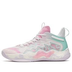 a white and pink sneaker is shown on a white background with light blue accents