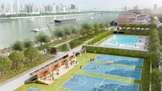 an artist's rendering of a basketball court on the water