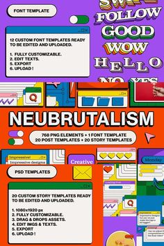 NEUBRUTALISM Elements + Templates by Creative Artillery Png Elements, Edit Text, Custom Fonts, Story Template, Post Templates, Psd Templates, Social Media Template, Texts