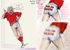 two drawings of a man in shorts and a red shirt