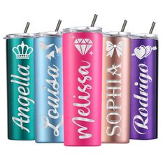 four different colored tumblers with the words queen and princess on them