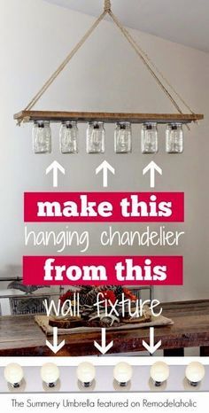 a chandelier hanging from the ceiling with mason jars on it and an arrow pointing to