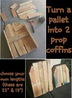 there are three different pictures with the words turn a pallet into 2 prop coffins