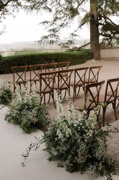 rows of wooden chairs with white flowers on the ground in front of trees and bushes