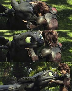 an animated character is being hugged by another character in the movie how to train your dragon