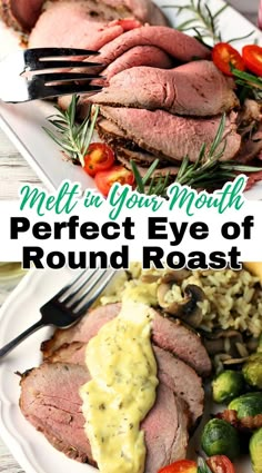 Two images of sliced Perfect Eye of Round Roast Recipe ready to serve with text overlay "Perfect Eye of Round Roast" Recipes With Round Roast, Recipes For Top Round Roast, Beef Eye Of Round Roast Recipes Smoker, Roast Beef Temperature Chart, Roast Beef Roast, Outside Round Oven Roast, Slow Cooker Eye Round Roast, Eye Round Roast Recipe Dutch Oven, Ninja Roast Beef