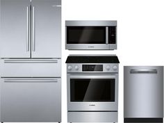 stainless steel kitchen appliances including refrigerator, stove and microwave