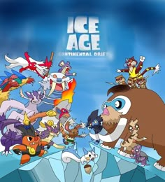 an ice age movie poster with many cartoon characters on top of the icebergs